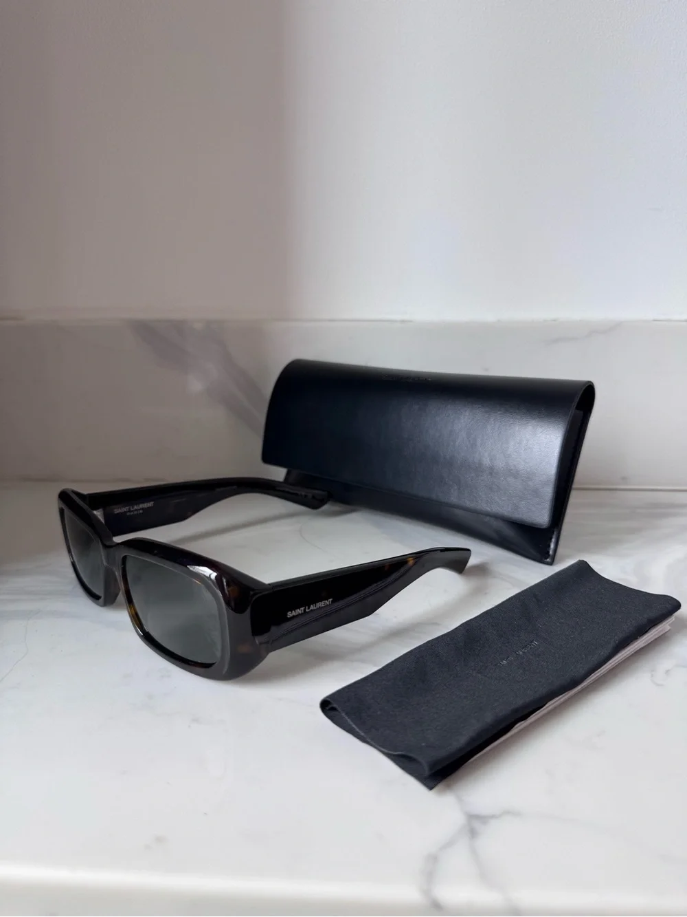 Saint Laurent Glossy Dark Havana Rectangular Sunglasses with Dark Lenses